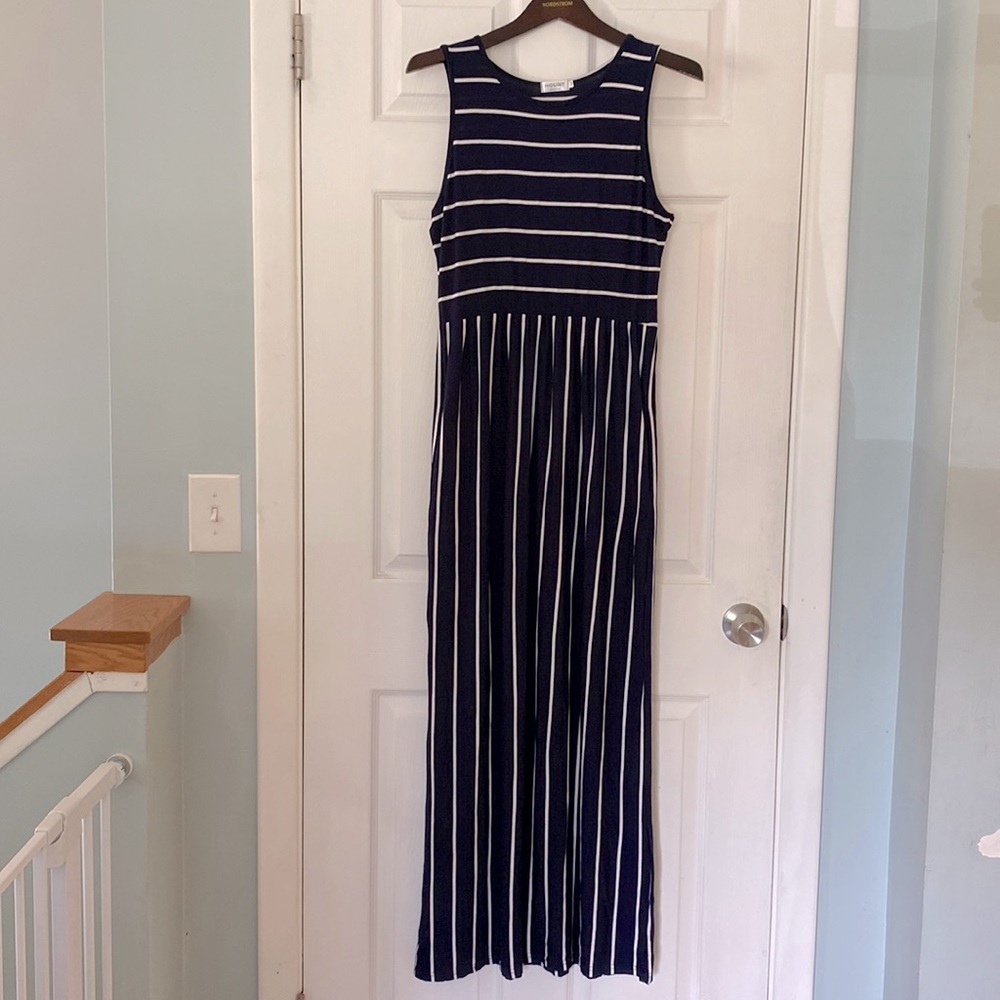 Hount Navy and White Striped, Stretch Maxi Dress